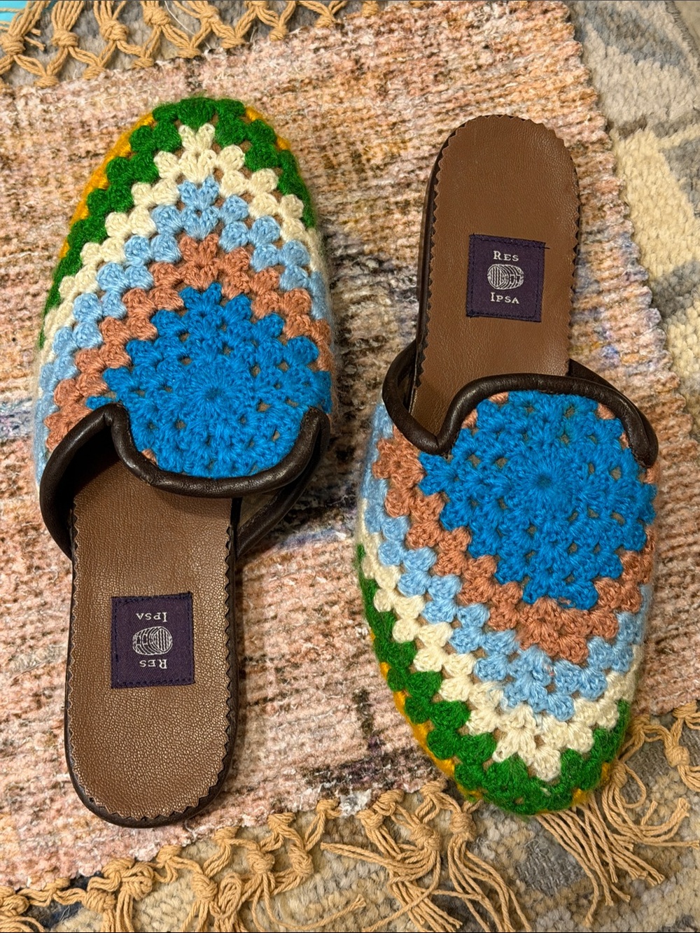 RES IPSA Multicolor Crochet Leather-Trim Slide Mules - Blue/Brown/Green